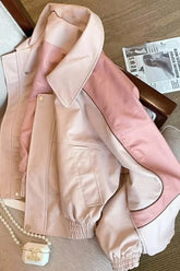 Long Sleeve Casual Cropped Pink Leather Jacket